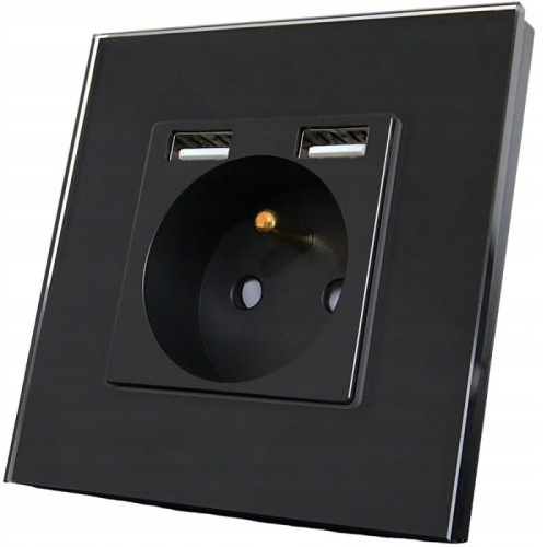 Gniazdo Szklane Czarne z Bolcem + 2 Porty USB Typ A+A 2.4A