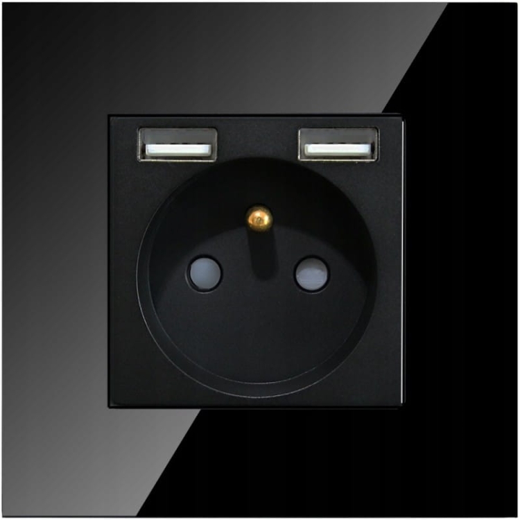 Gniazdo Szklane Czarne z Bolcem + 2 Porty USB Typ A+A 2.4A