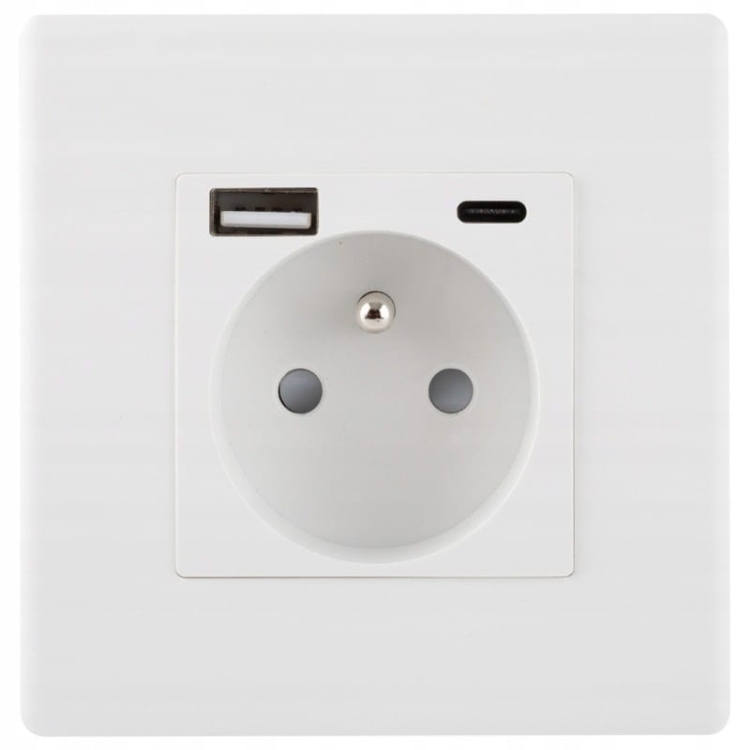 Gniazdo Białe Podwójna Ładowarka USB A+C 2.4A Zestaw z Ramką PCV