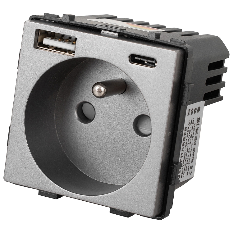 Moduł Gniazdo z Bolcem Szare + Podwójna Ładowarka USB 2.4A Typ A+C do Ramek