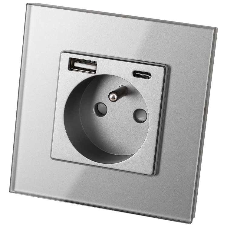 Gniazdo z Bolcem Szklane Szare + Podwójna Ładowarka USB 2.4A Typ A+C