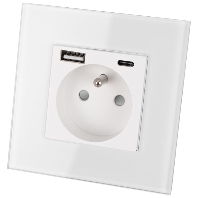 Gniazdo z Bolcem Szklane Białe + Podwójna Ładowarka USB 2.4A Typ A+C