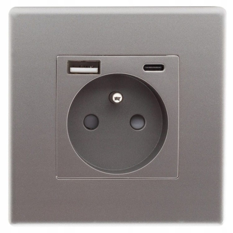 Gniazdo Szare z Bolcem + Gniazdo USB A+C Zestaw z Ramką PCV