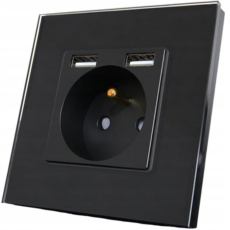 Gniazdo Szklane Czarne z Bolcem + 2 Porty USB Typ A+A 2.4A