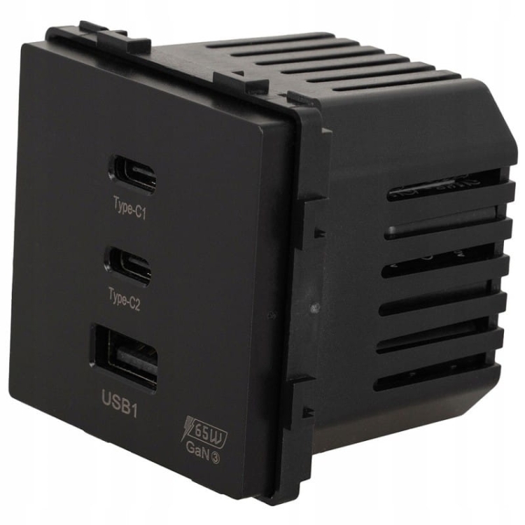 Moduł Gniazdo Potrójna Ładowarka USB 65W A+C+C Czarny do Ramek