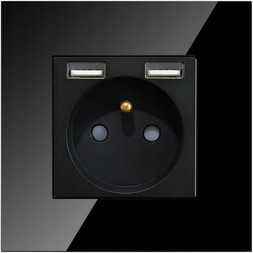 Gniazdo Szklane Czarne z Bolcem + 2 Porty USB Typ A+A 2.4A