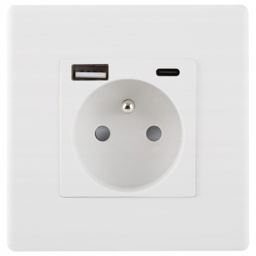 Gniazdo Białe Podwójna Ładowarka USB A+C 2.4A Zestaw z Ramką PCV