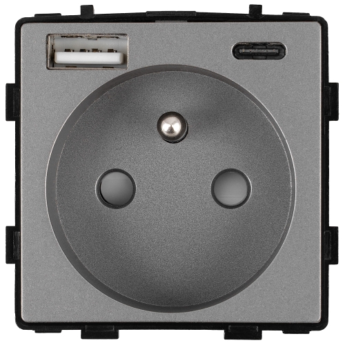 Moduł Gniazdo z Bolcem Szare + Podwójna Ładowarka USB 2.4A Typ A+C do Ramek