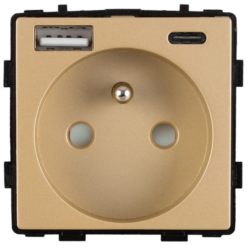 Moduł Gniazdo z Bolcem + Podwójna Ładowarka USB typ A+C 20W Złota do Ramek